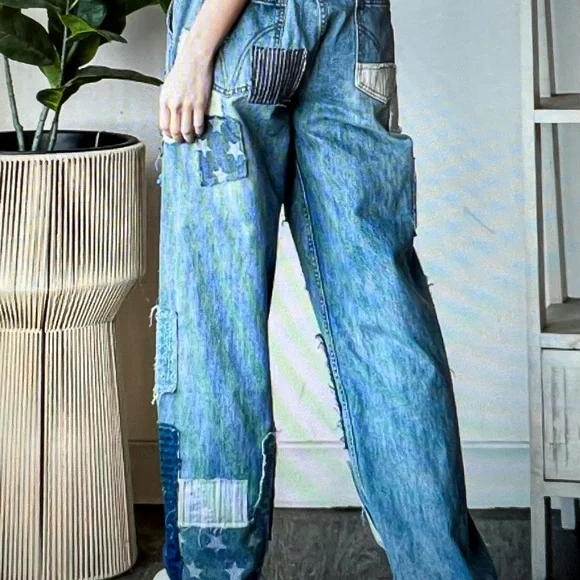 Oli & Hali Blue Straight Leg Jeans with Distinctive Patchwork - Picture 5 of 7